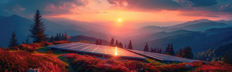 Solar panels on a rooftop with a beautiful sunrise in the background, clean and renewable energy