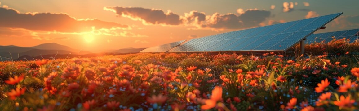 Solar panels on a field with blooming flowers, environmentally friendly and peaceful scene