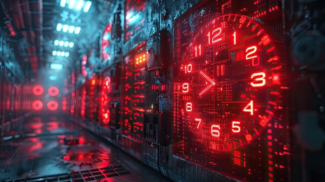 server downtime concept with broken clock and error message, system maintenance symbol