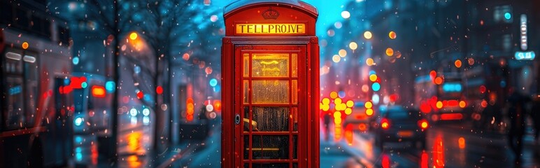 Vintage telephone booth in a modern cityscape, retro filter and warm tones - obrazy, fototapety, plakaty