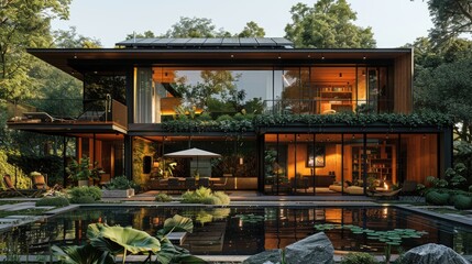 Visualization of a net-zero energy house with smart technology, featuring solar panels, energy-efficient appliances, and water-saving fixtures