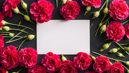 This is an image of a card placed in the center of a beautiful carnation flower. Generative AI.