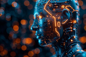 Blue and orange neon lights outlining a robotic head profile