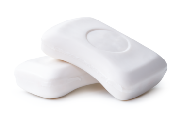 Side view of two bars of dry white soaps in stack isolated with clipping path and shadow in png file format