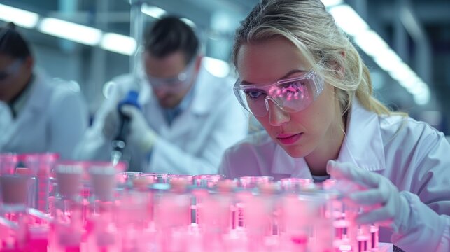 Workers in lab coats analyzing chemical samples in a laboratory, serious scientific research