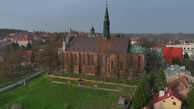 Aerial drone view to the Sandomierz a medieval small town in Poland, located on the Vistula River on seven hills, hence sometimes called Little Rome.