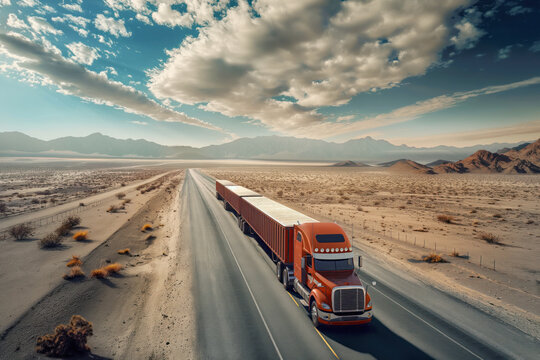 An Australian road train transports logistics cargo in desert AI Generative