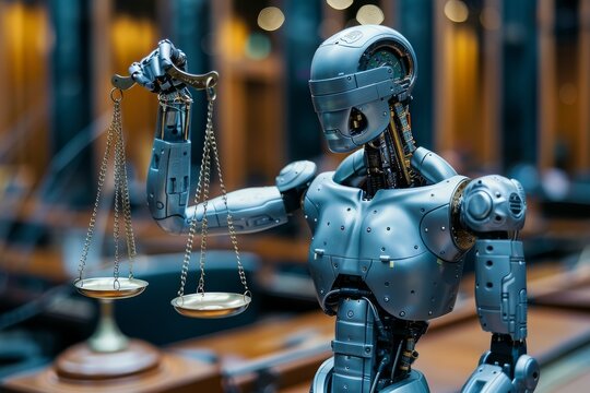 Robot holding the scales of justice in a library setting