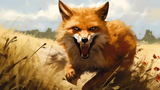 A fox with rabies with a crazy look shows its sharp dangerous teeth
