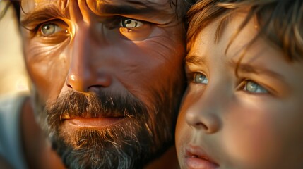 Portrait of a little boy with his father. Close-up. - obrazy, fototapety, plakaty