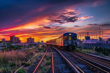 Fototapeta na wymiar A train moves along railroad tracks beneath a vibrant, colorful sky during the evening, creating a dynamic and captivating scene