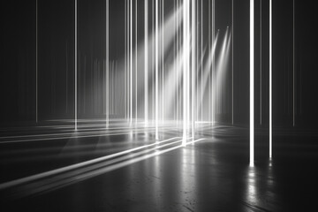 A black and white black of an empty room with only vertical lines and lights for background - obrazy, fototapety, plakaty