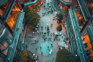 People walking around in a crowded shopping mall captured from above