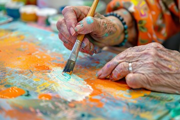 An older woman engaged in painting on a canvas with a brush in an art workshop, showcasing creativity and focus