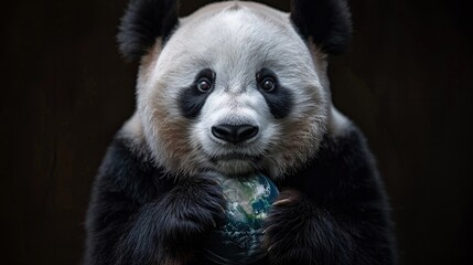 Giant panda holding Earth, tender embrace, peaceful coexistence, global care