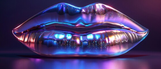 Futuristic Y2K holographic lips in 3D metal, vibrant shimmer, sleek design, symbol of millennium chic, 3D render