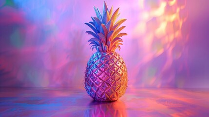 Y2K holographic 3D pineapple, vibrant tropical shimmer on clean background, futuristic fruit, retro glow