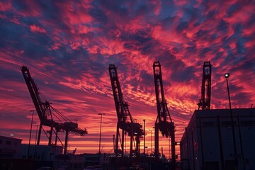 Several cranes are sitting next to each other at the seaport terminal, silhouetted against the sunset