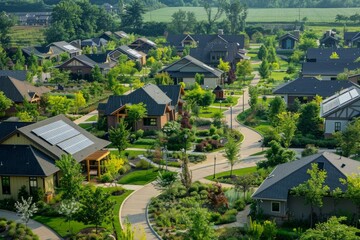 Numerous houses are nestled among lush green grass, showcasing sustainable living in eco-friendly neighborhoods with solar panels and community spaces