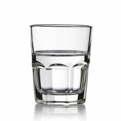 Crystal clear water in a glass on a white background with reflection.