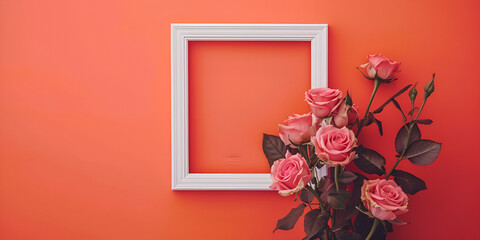 Bouquet of bright orange roses with e frame on pink background