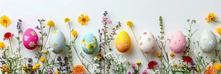 Naklejka premium Happy Easter Colorful Eggs and Flowers Arranged in a Row on White Background