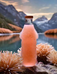 Obraz premium Sunset Glow: A Chilled Bottle of Pink Beverage Amidst Nature