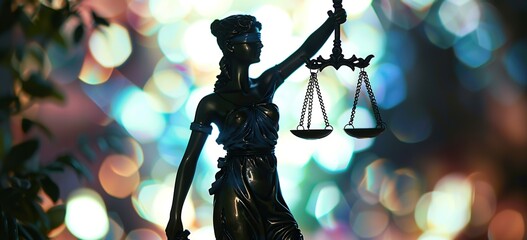 Illuminated backdrop complements Lady Justice statue holding scales and sword - obrazy, fototapety, plakaty
