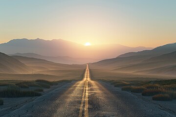 Scenic highway leads to a sunset-lit mountain range on an open road journey - obrazy, fototapety, plakaty