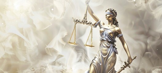 Glowing backdrop enhances depiction of Lady Justice holding scales and sword - obrazy, fototapety, plakaty