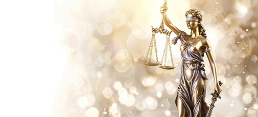 Glowing backdrop enhances depiction of Lady Justice holding scales and sword