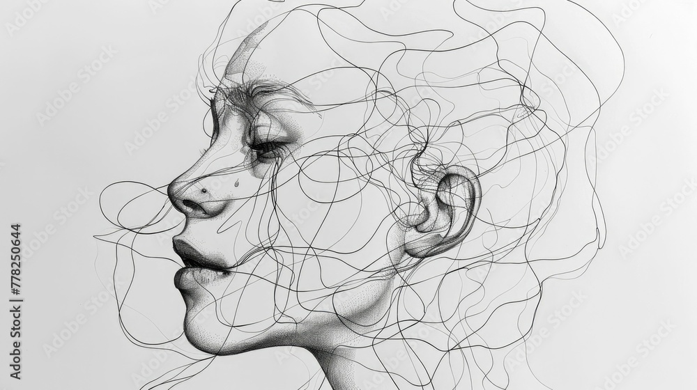 Poster minimalist line drawing of an introspective facial profile capturing complex emotion and thought