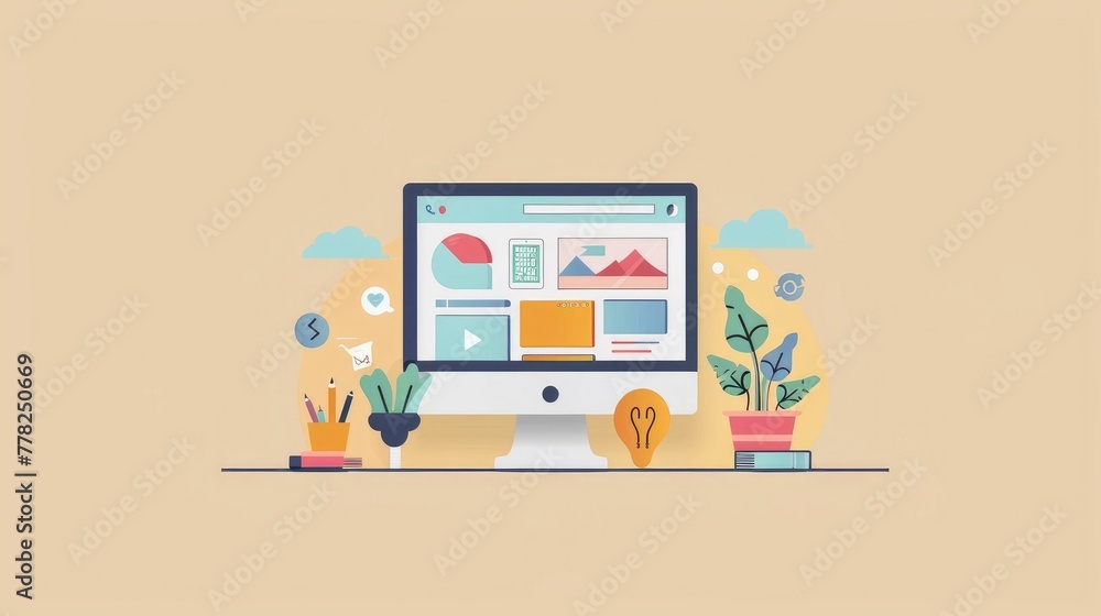 Poster minimalist workstation with digital analytics and web design elements