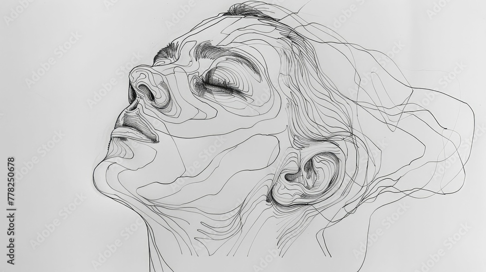 Poster single line drawing of a pensive expressive face capturing complex emotion through minimalist techni