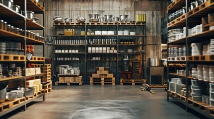 Industrial warehouse interior with shelves full of various products and supplies for commercial use