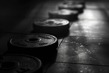 Monochrome gym setting with Weight plates scattered across a dark gym floor with contras - obrazy, fototapety, plakaty