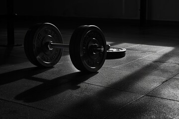 Monochrome gym setting with Weight plates scattered across a dark gym floor with contras - obrazy, fototapety, plakaty