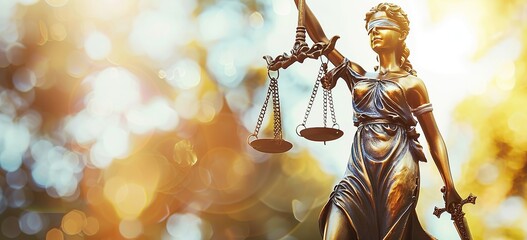 Illuminated backdrop complements Lady Justice statue holding scales and sword - obrazy, fototapety, plakaty