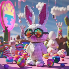 A retroinspired bunny character with pixelated features and a collection of virtual Easter eggs in a nostalgic 3D universe
