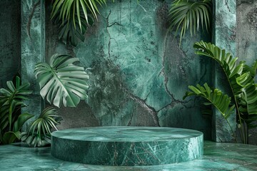 Create an image of a podium stage rack from the front, set against a backdrop of vibrant green stone and lush tropical leaves