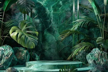 Design an visually striking composition featuring a podium stage rack framed by a backdrop of vibrant green stone and lush tropical leaves - obrazy, fototapety, plakaty
