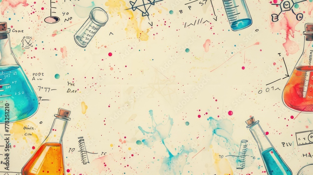 Poster softly colored backdrop with patterns of science lab equipment and formulas