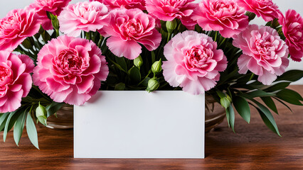 This is an image of a card placed next to a beautiful carnation flower. Generative AI.