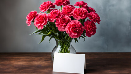 This is an image of a card placed next to a beautiful carnation flower. Generative AI.