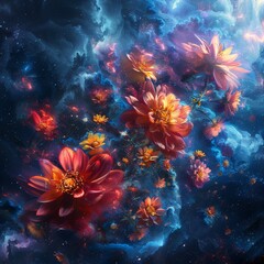 Fototapeta na wymiar Flowers blooming in the vacuum of space surreal and vibrant