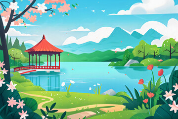 spring scenery illustration pavilion by the lake blue sky mountains digital art panorama background