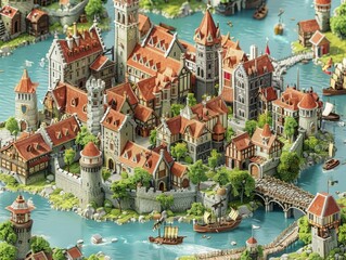 Isometric view of a bustling medieval city detailed and colorful - obrazy, fototapety, plakaty