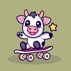cute cow skateboarding vector...