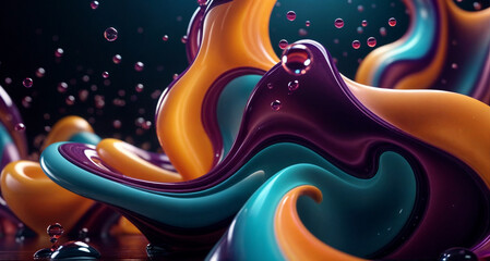 abstract splash of bright colorful orange blue purple 3d liquid with bubbles on black background