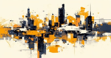 Modern cityscape skyline abstract painting in the style of skyscraper princetown with black and white yellow accents